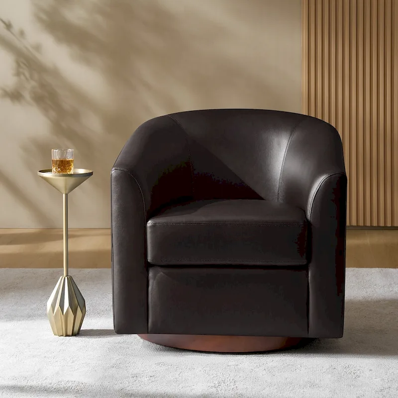 Haley Modern Swivel Barrel Faux Leather Chair with Solid Wood Base by
