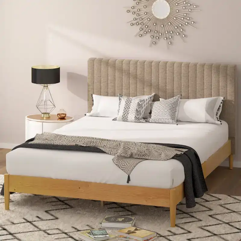 Latte Wood Platform Bed Frame with Upholstered Headboard