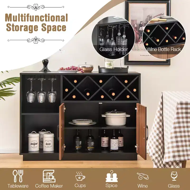 Industrial Wine Bar Cabinet Sideboard Buffet with Glass Holder & Adjustable Shelf, 45.5