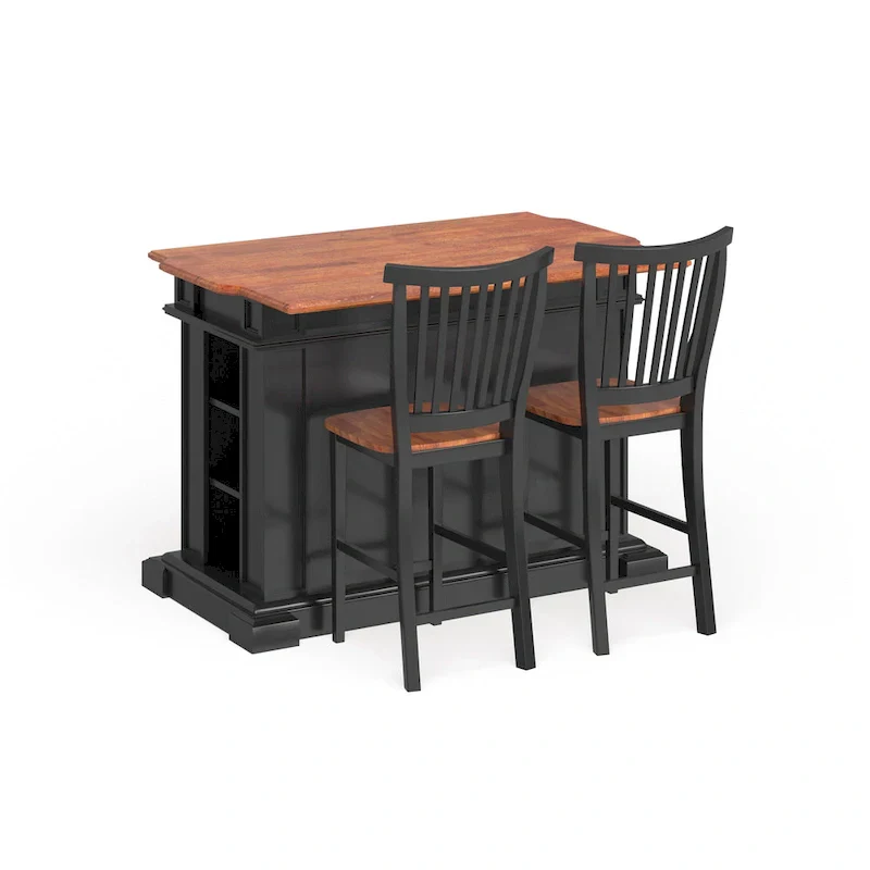 Black Kitchen Island Set with 2 Stools - Distressed Oak Top