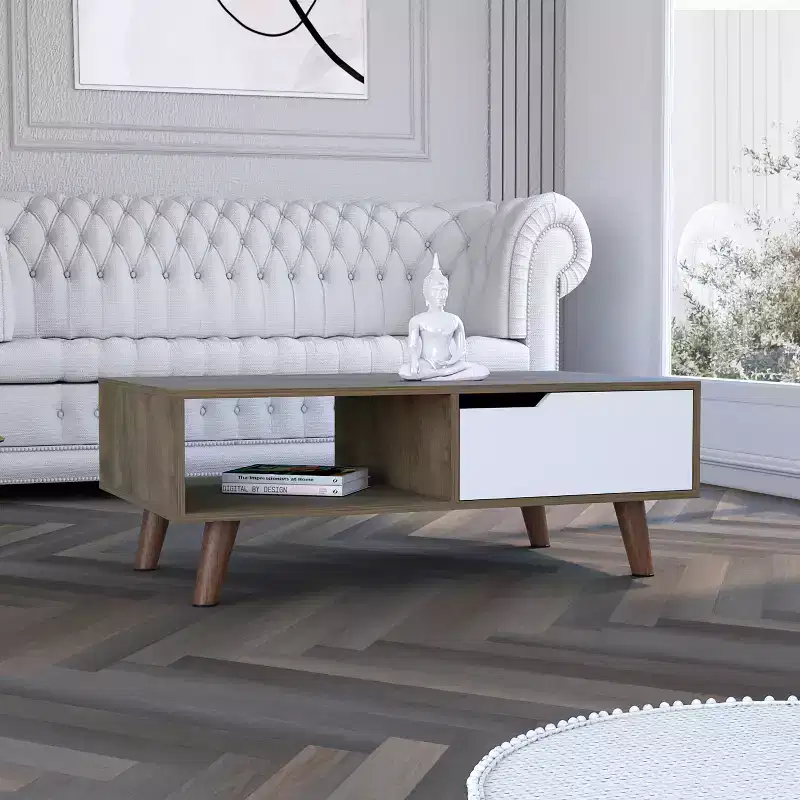 Dark Brown White Bull Coffee Table 2.0, One Drawer Four Stylish Legs Open Shelf High Quality Living Room Table