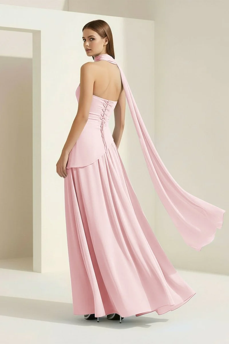 Pink - Strapless Sheath Chiffon Long Prom Dresses With Slit