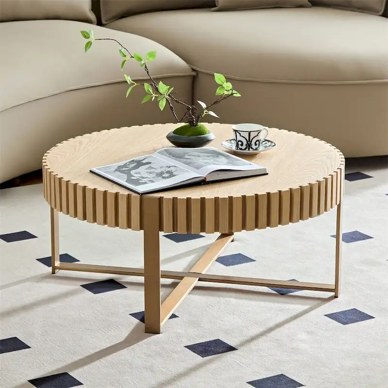 Modern 31.5 Round Coffee Table with Sturdy Metal Pedestal