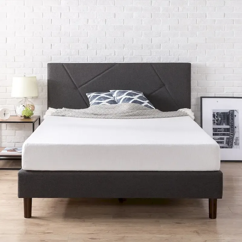 Grey Geometric Upholstered Platform Bed with Foam-Padded Headboard – Full / Queen / King