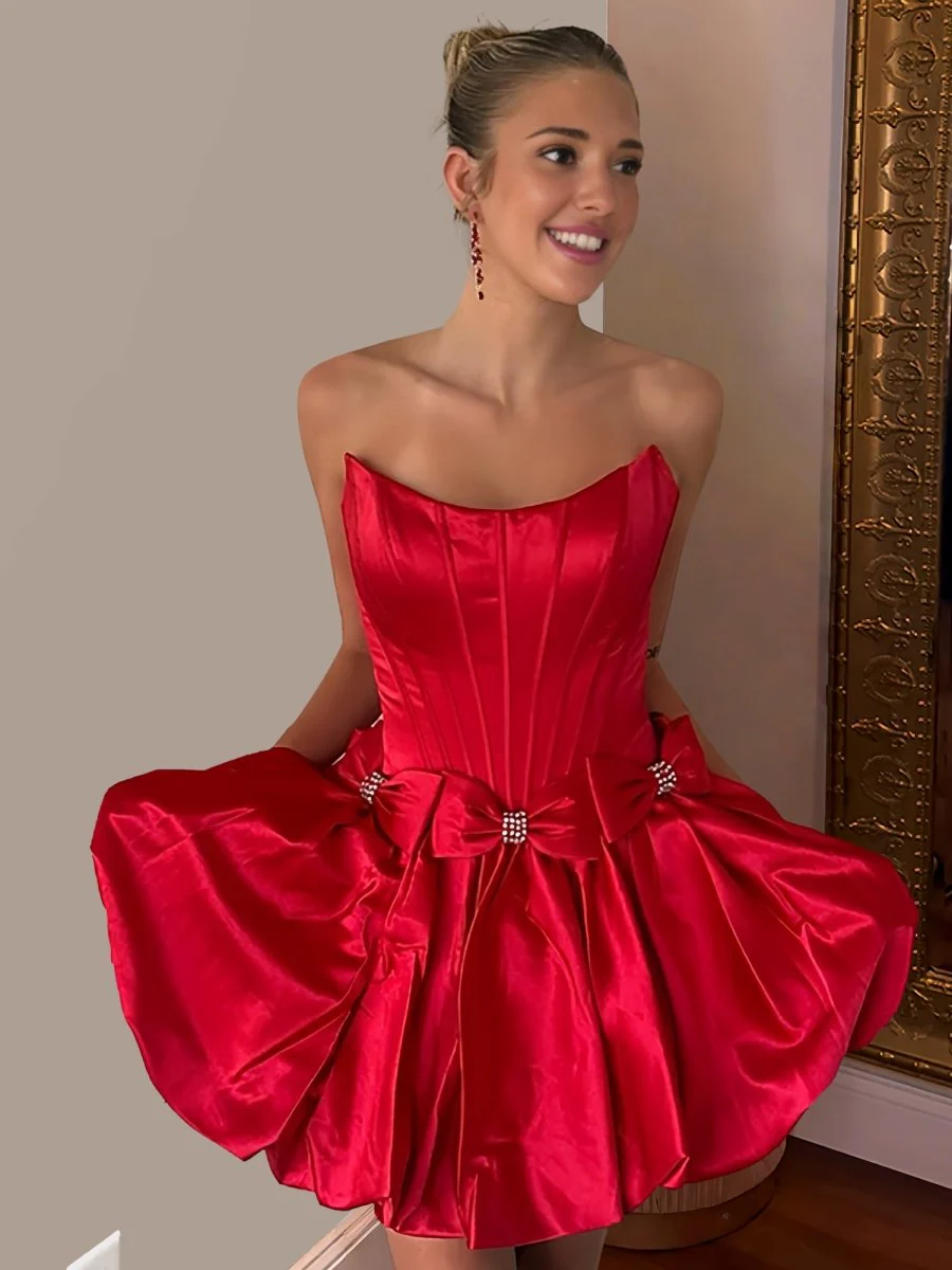 Red - Strapless A Line Satin Short Homecoming Dresses With Bow