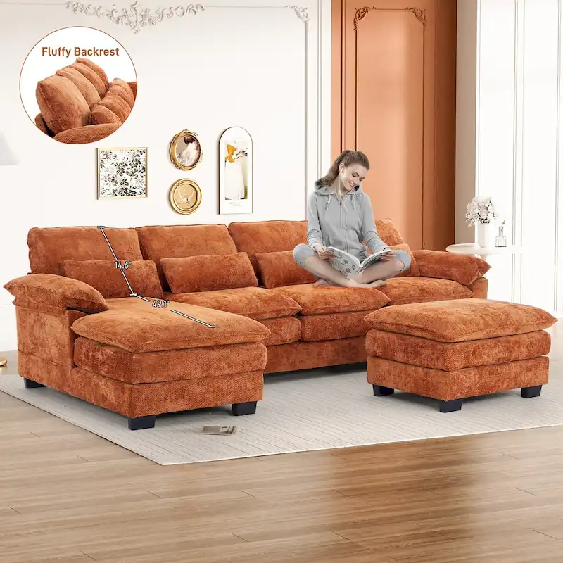Soft Chenille Fabric U-Shaped Sectional Sofa with Double Layer Cushion