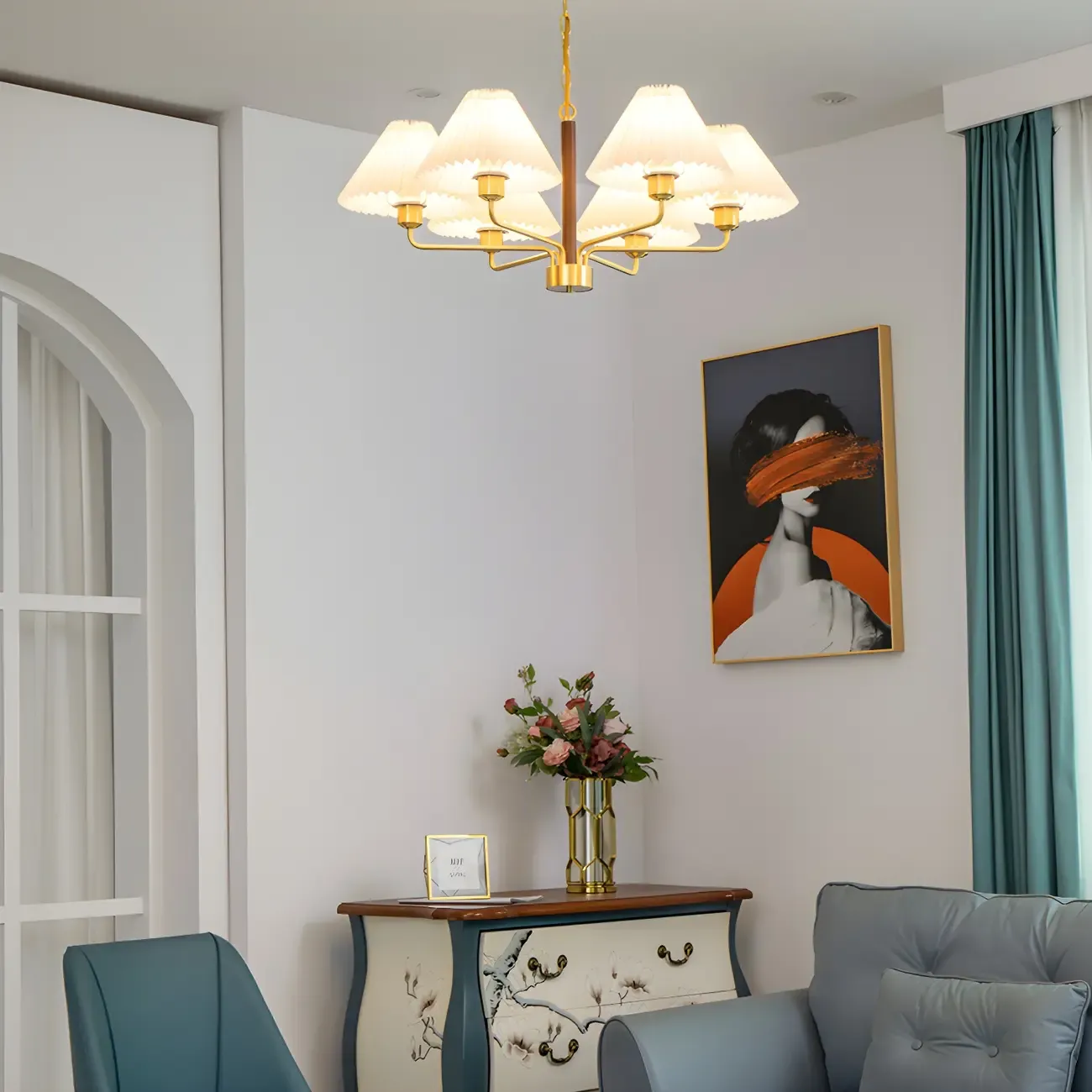 Gold Linear Metal Pleated Modern Chandelier Light