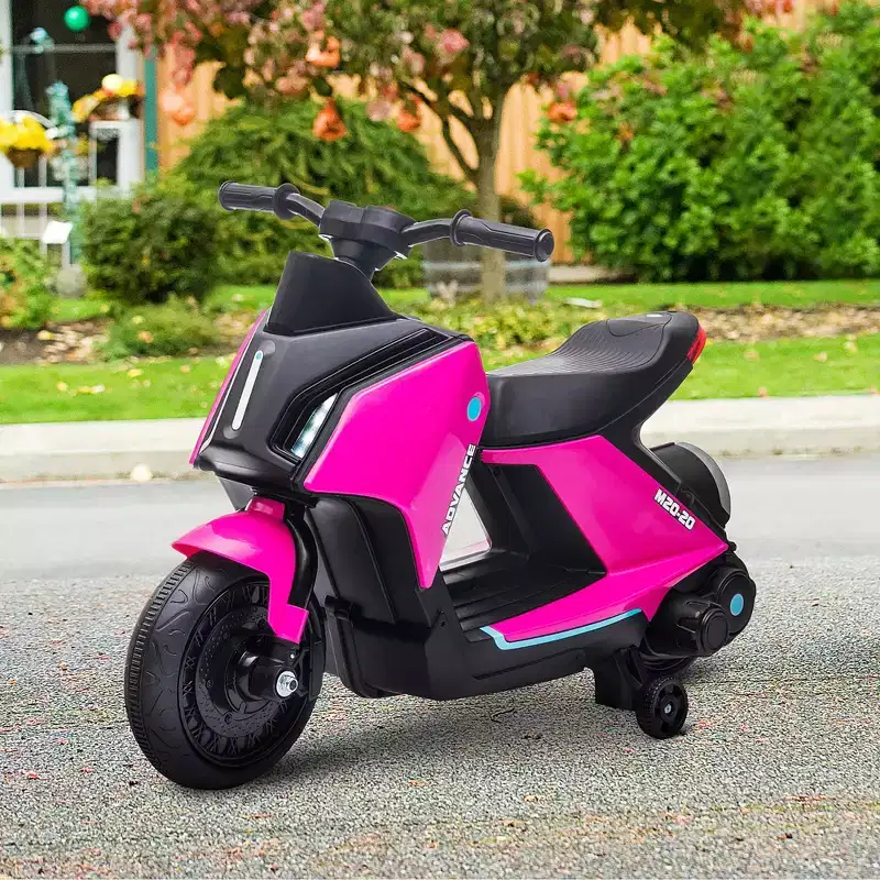 Aosom 6V Kids Motorcycle Dirt Bike Electric Battery-Powered Ride-On Toy Off-road Street Bike with Music, Headlights, Rechargeable Battery, Training Wheels, for Ages 2-4, Pink