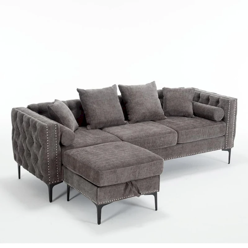 Modern Convertible Tufted Chenille L Shaped Sectional Sofa