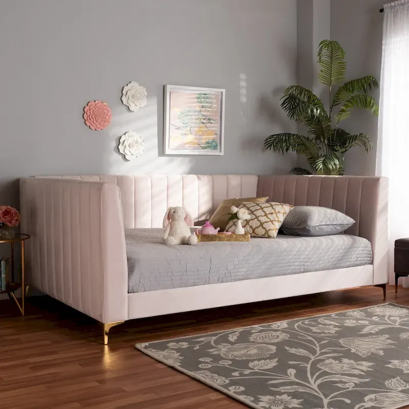 Oksana Light Pink Velvet and Gold Finished Daybed