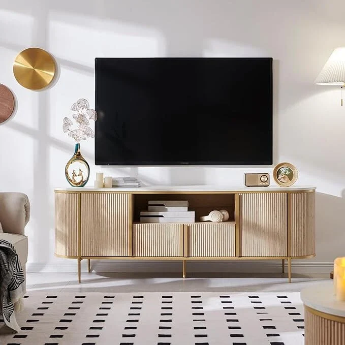 Modern Luxury TV Stand, Entertainment Cente, with Faux Marble Top