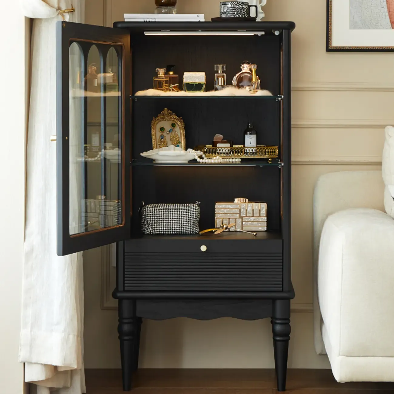 Nodic Wooden Glass Door Floor China Cabinet with Drawer