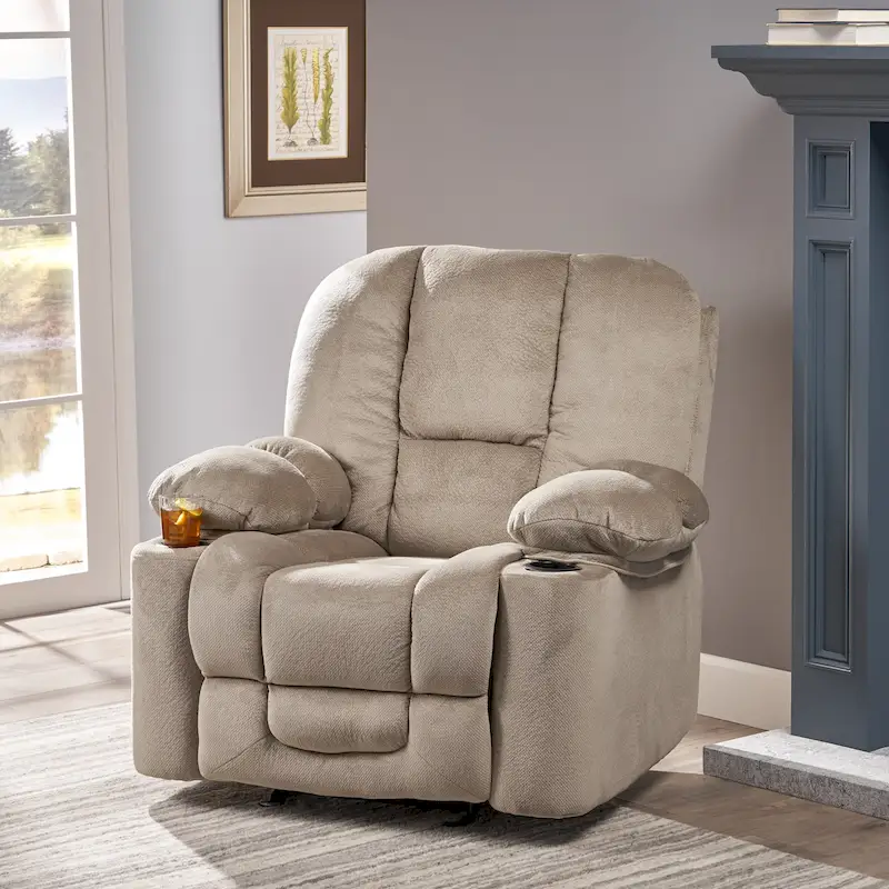 Fabric Reclining Glider Club Chair – Latte / Steel Grey / Chocolate, Cup Holders, Seats 1