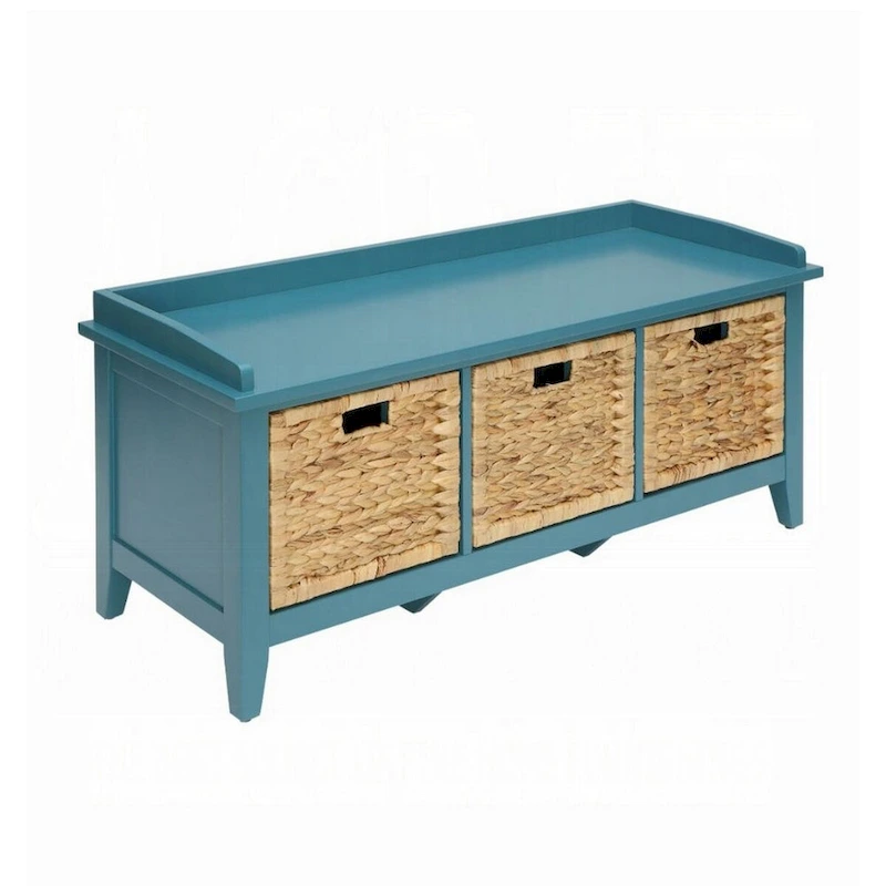 Rectangular Wooden Bench with Storage Basket, Blue