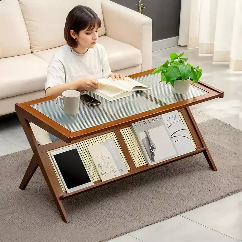 Rattan Coffee Table with Glass Top, Mid Century Modern Center Table with Magazine Rack Storage, Bamboo Z-Shaped Living Room Accent Table for Sofa