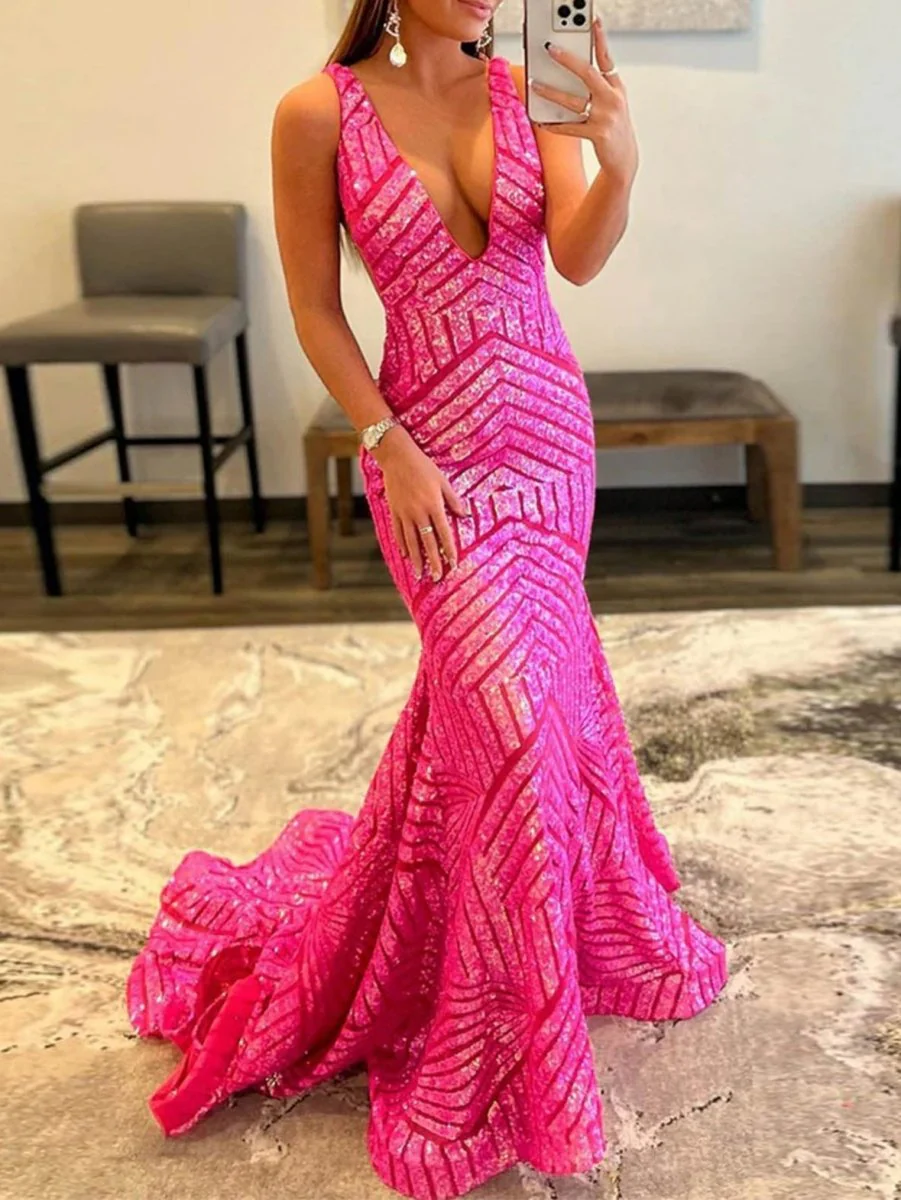 Deep V Neck Pink Sequins Mermaid Long Prom Dress