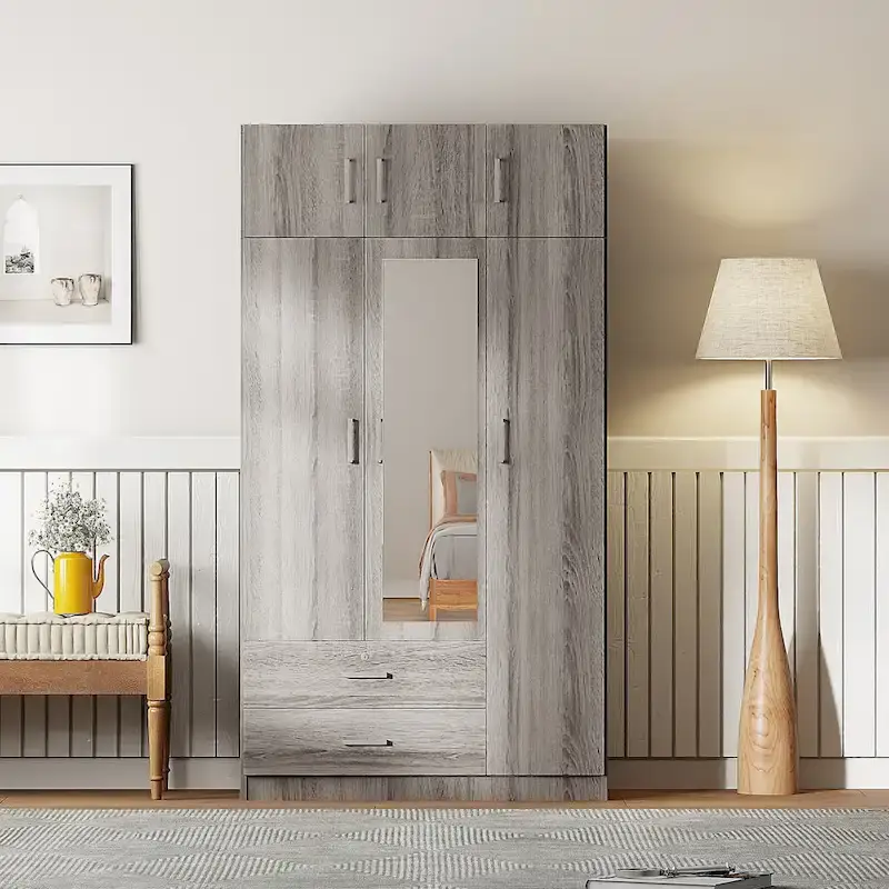 White/Grey 3-Door Wardrobe with Mirror, 2 Drawers & Top Cabinet – 1 Person Assembly