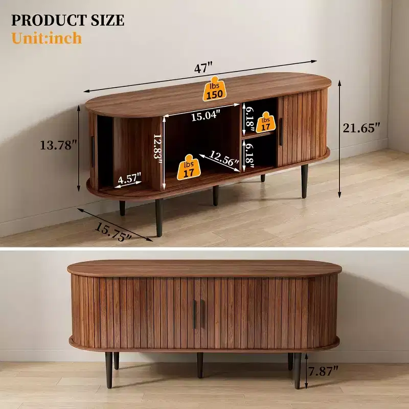 JVNOXK 47 Walnut Modern TV Stand with Sliding Door & Storage Compartment
