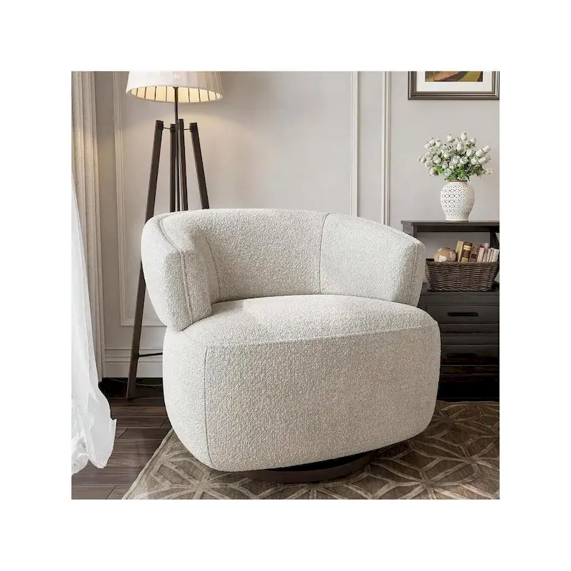 Beige / Grey Upholstered 360° Swivel Barrel Accent Chair – Single