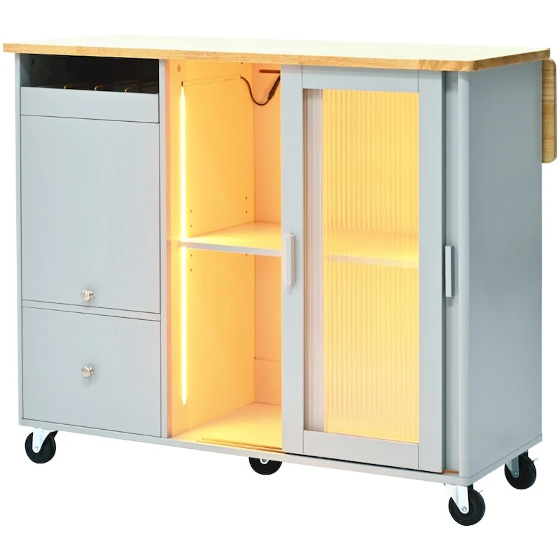 LED Light Kitchen Cart with Drop Leaf and Adjustable Shelf