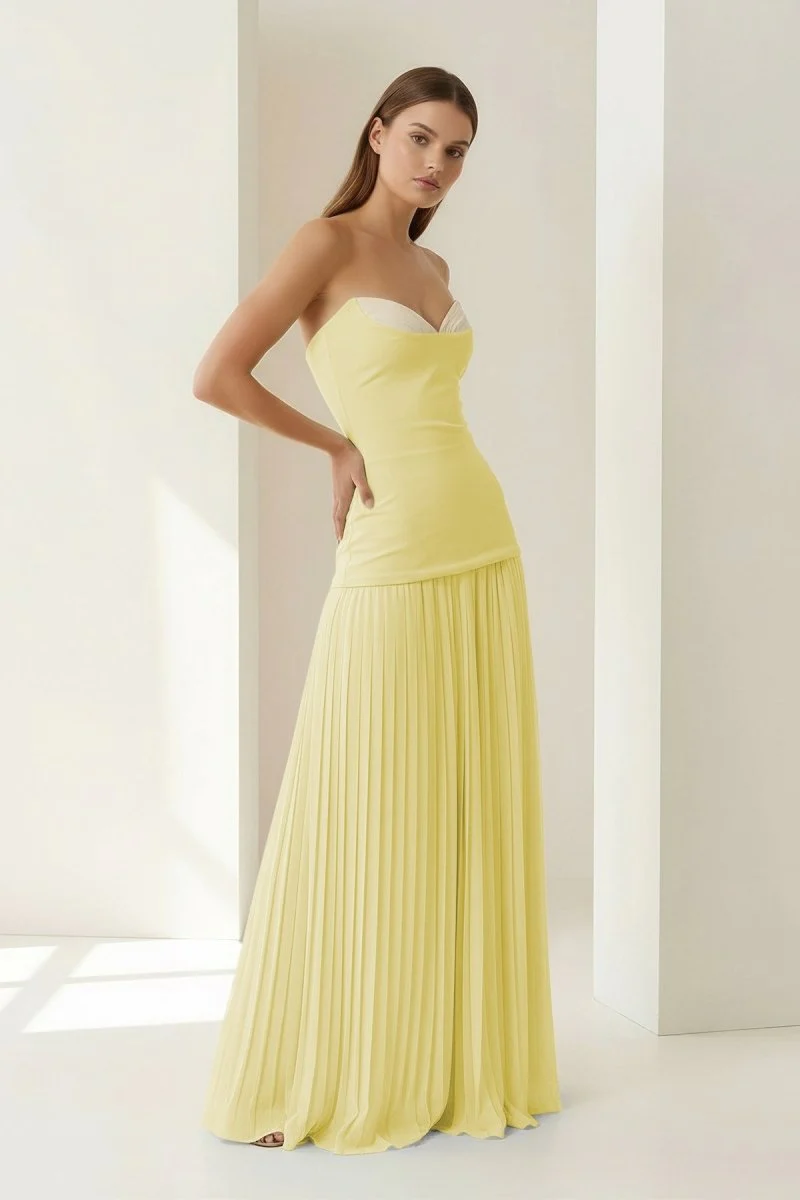 Blue Strapless Sheath Chiffon Pleated Long Prom Dresses