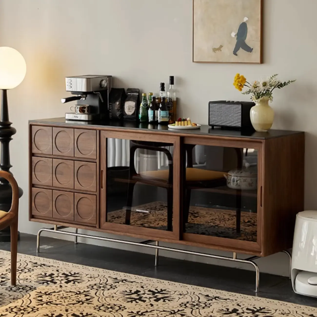 Modern Wood Buffet with Stone Countertop and Sliding Doors