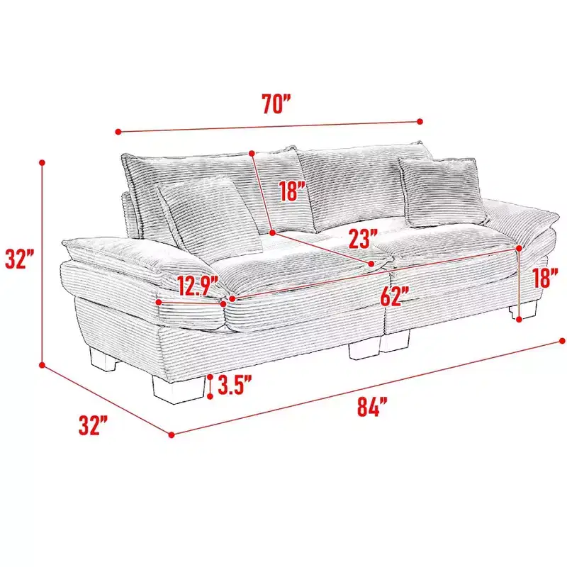 FurnitureR 84 Oversized Upholstered Sofa, Deep Seat 3-Seater Couch with Plush Cushions, Soft Corduroy Fabric for Living Room