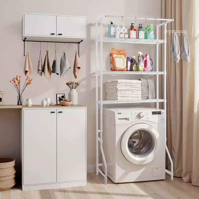 VEVOR Over Washer and Dryer Storage Shelf, 3 Tiers Laundry Room Drying Rack with Hanger Rod and Hooks, Single Row Washer Shelves Space Saver,White
