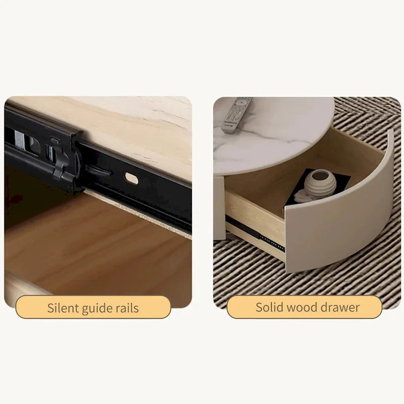 Modern Round Coffee table, Stone Table-top, Natural Wood - 50 x 31.5