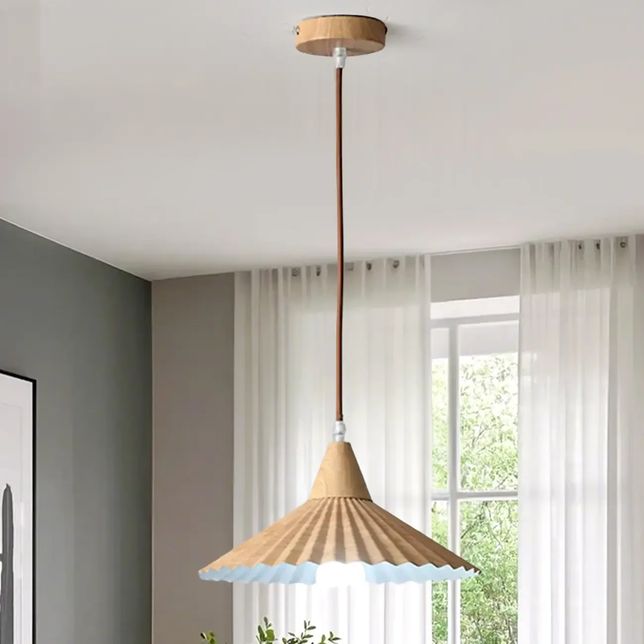 Modern Walnut Pleated Cone Pendant Light