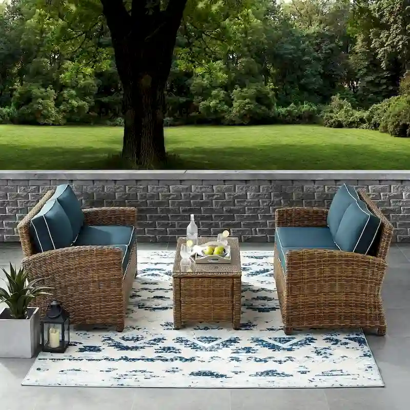 Crosley Bradenton 3-piece Outdoor Wicker Seating Set with Navy Cushions - 94.5 W x 94.5 D x 32.5 H