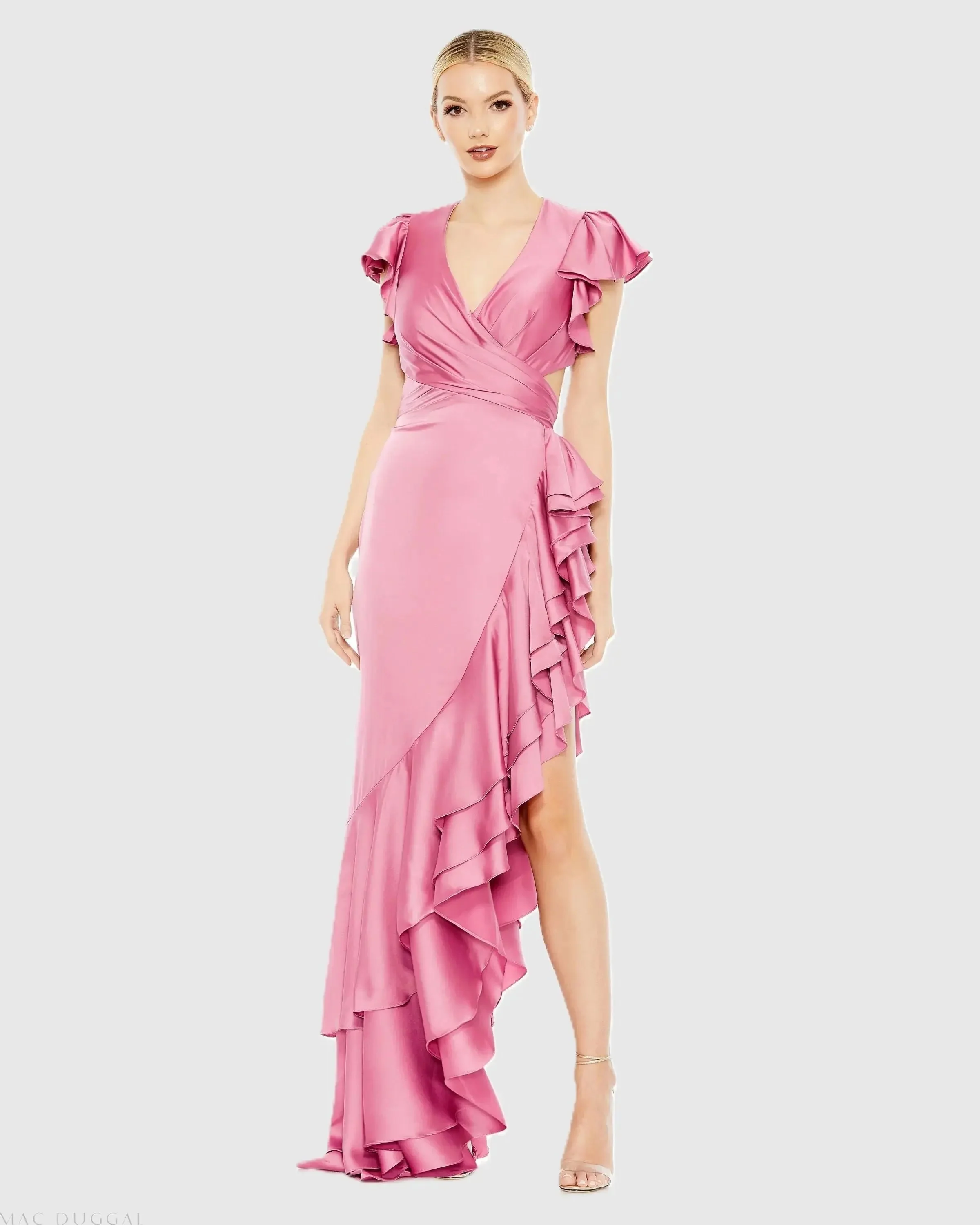 Pink Flutter Sleeve Cut Out Asymmetrical Ruffled Gown