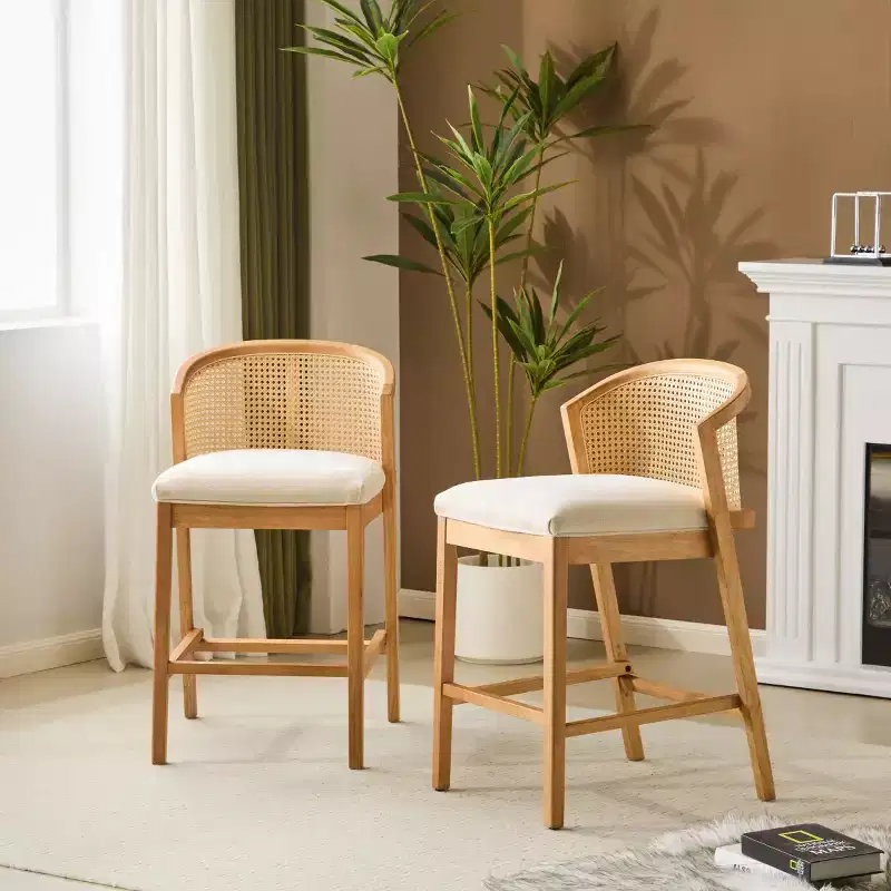 Set of 2 Modern Counter Height Bar Stools with Rattan Curved Back, 27 Seat Height Wood-Leg Stools for Kitchen Island or Home Bar-Panipeachy