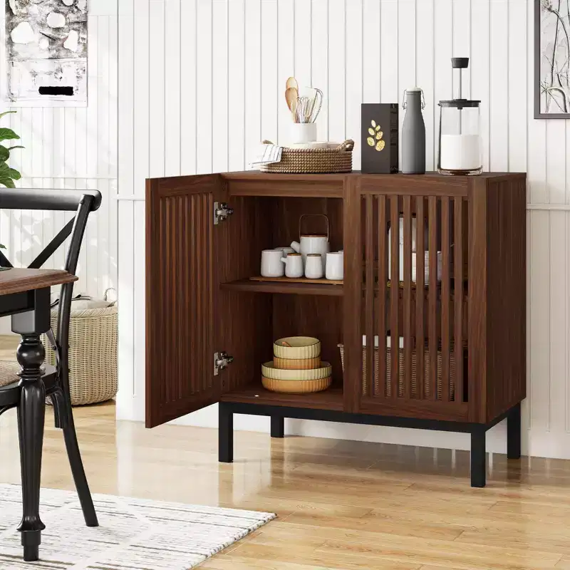 Costway Buffet Cabinet with Storage, 32 Wooden Sideboard Coffee Bar Station with 2 Doors Walnut + Black