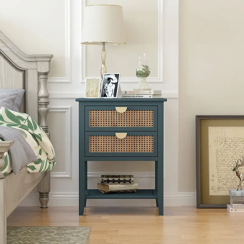 2-Drawer Natural Rattan Nightstand Side Table with Metal Handles - Bedroom End Table Sofa Table
