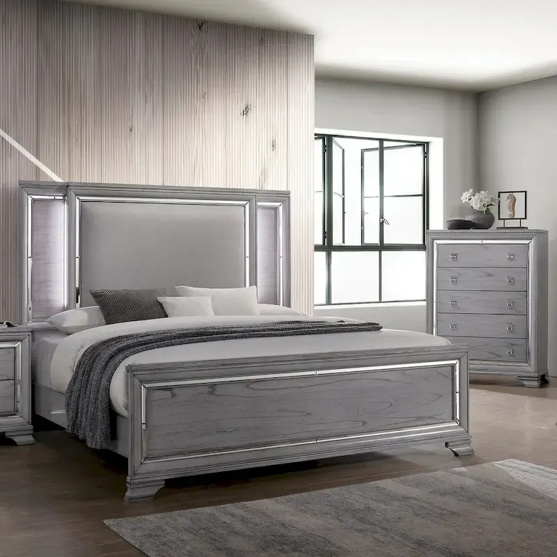 Contemporary Grey Panel Bed with LED Lighting and Chest