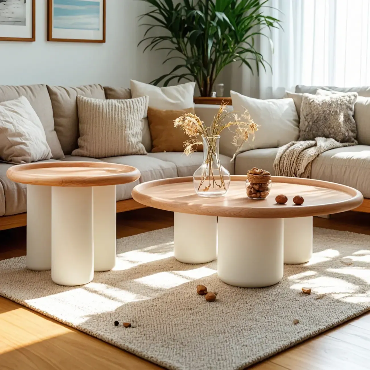 Round Natural Wood Tray Top Coffee Table with Three-Leg