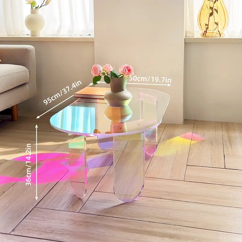 Iridescent Clear Acrylic Oval Side Table with 4 Geometric Legs – Modern