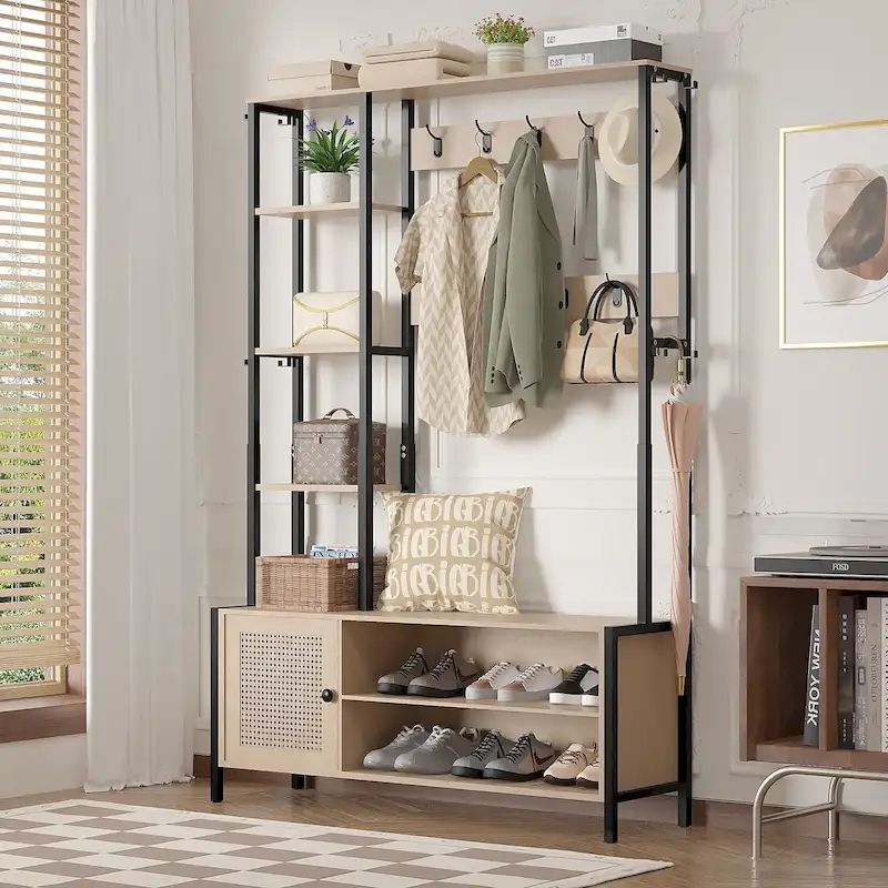 Hall Tree for Entryway, Coat Rack with Bench Shoe Storage, 5-in-1 Entryway Bench Coat Rack with 9 Hooks