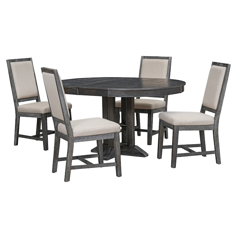 5-Piece Dining Set Extendable Round Table and 4 Upholstered Chairs Farmhouse Dining Set