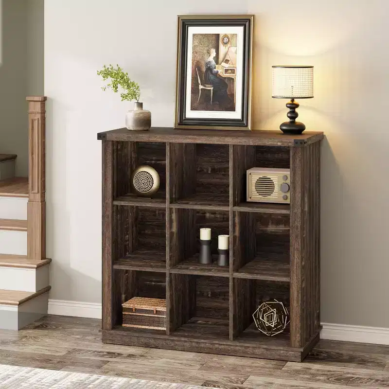 9 Cube Storage Organizer Bookshelf, 4 Tier Farmhouse Horizontal Bookcase, 37.4 Inch Wood Storage Bookcase for Entryway, Bookshelves for Living Room