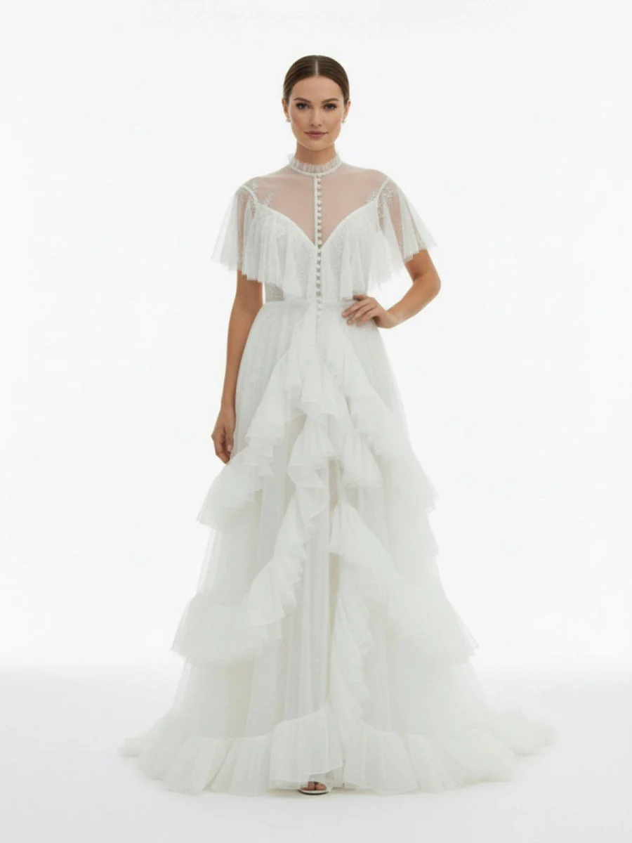 High Split A-Line See-through Short Sleeves Ruffle Tulle Wedding Dresses