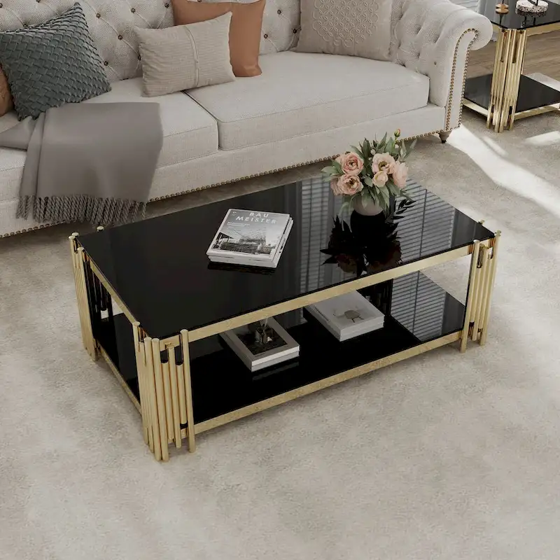 48  Wide Rectangular Coffee Table with Glass Top, Stainless Steel Double-Layer Coffee Table