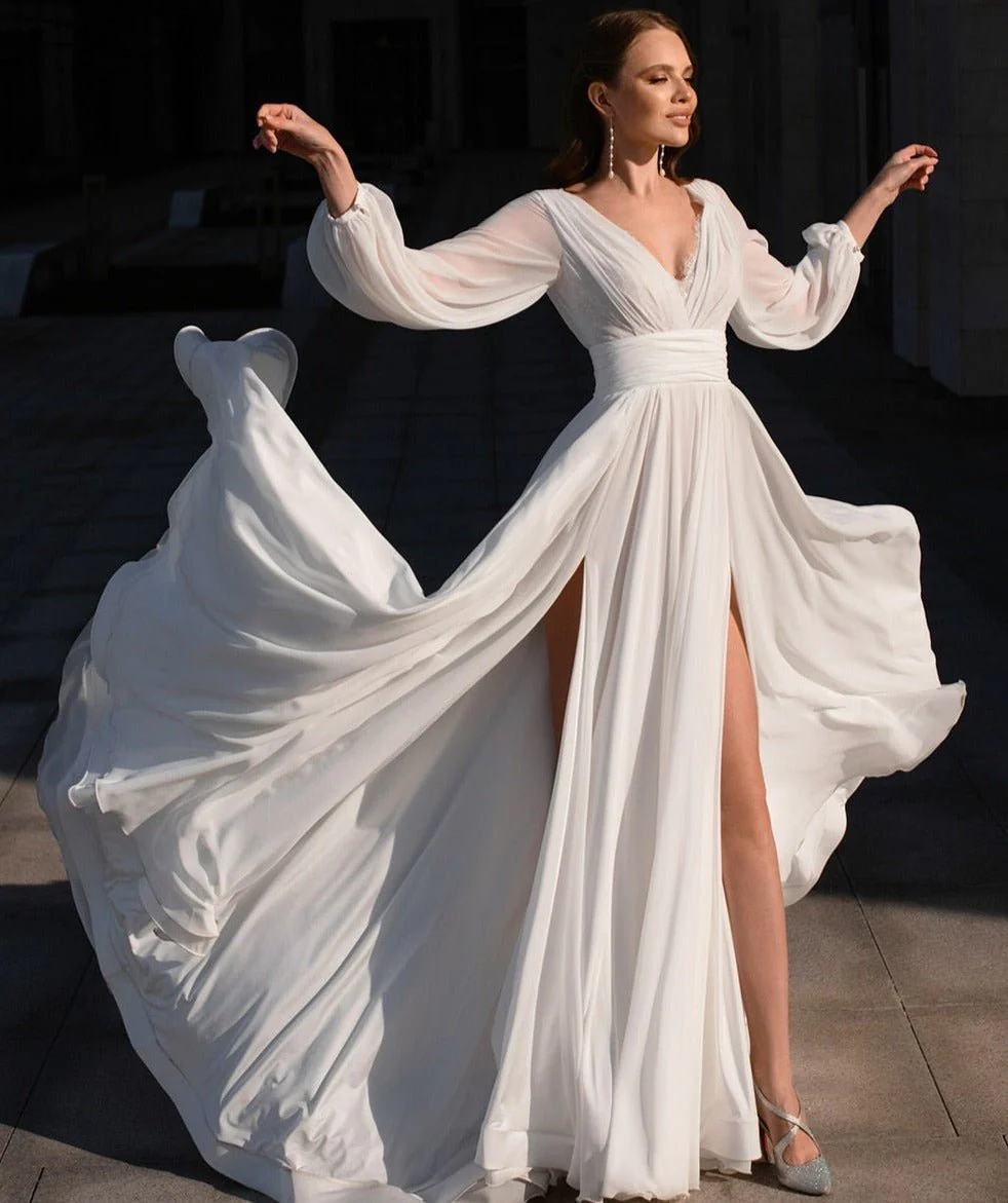 Boho A-Line White V Neck Long Sleeve Wedding Dress