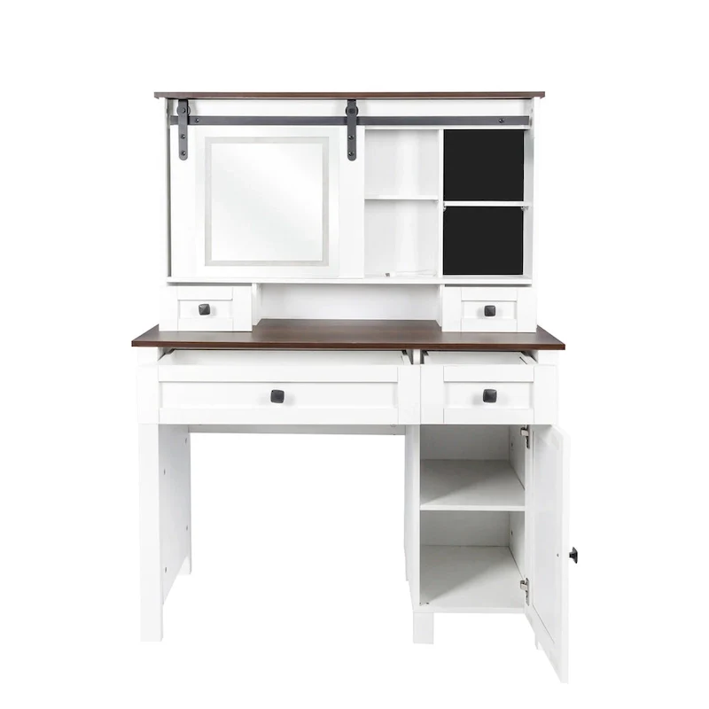 White & Walnut Makeup Vanity with LED Mirror, Single-Person