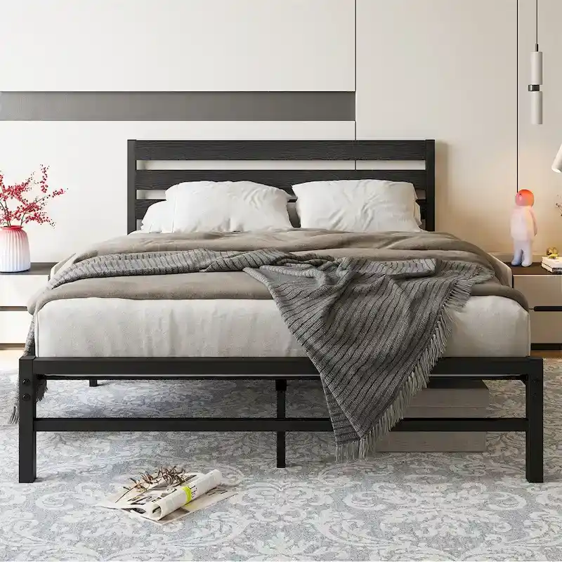 Queen Size Platform Bed Frame with Wooden Headboard, Under Bed Storage