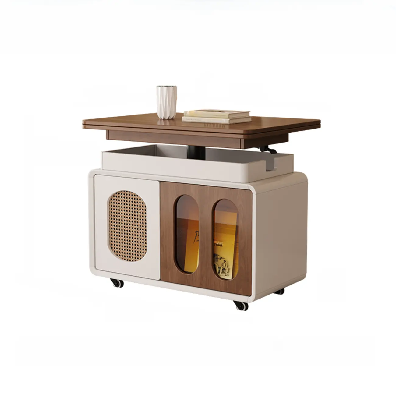 Elegant Brown Rolling Wood Side Table Adjustable Top