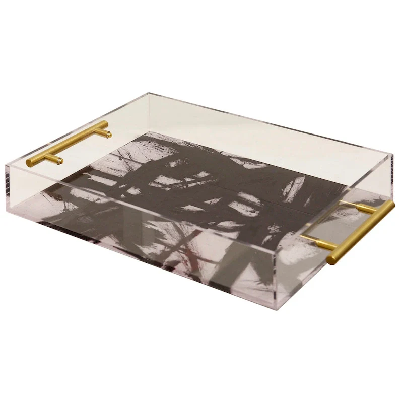 Harp & Finial Barbarou Acrylic Tray- Large - Abstract Print On Acrylic With Gold Handles