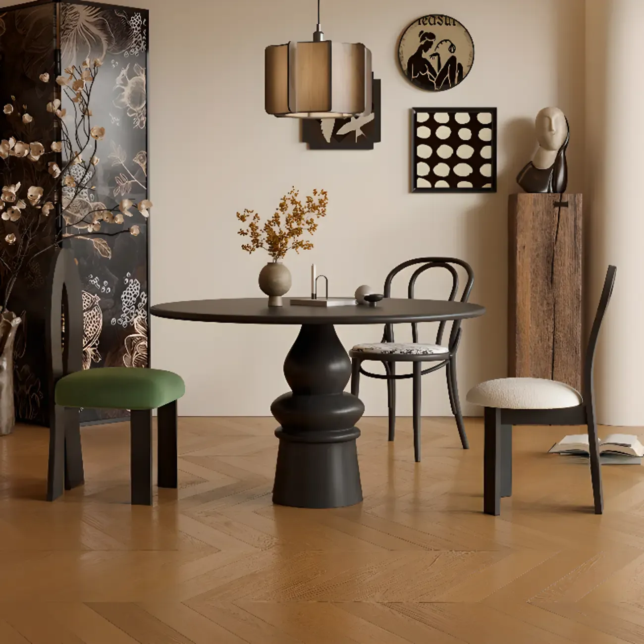 Traditional Dark Brown Wood Round Dining Table