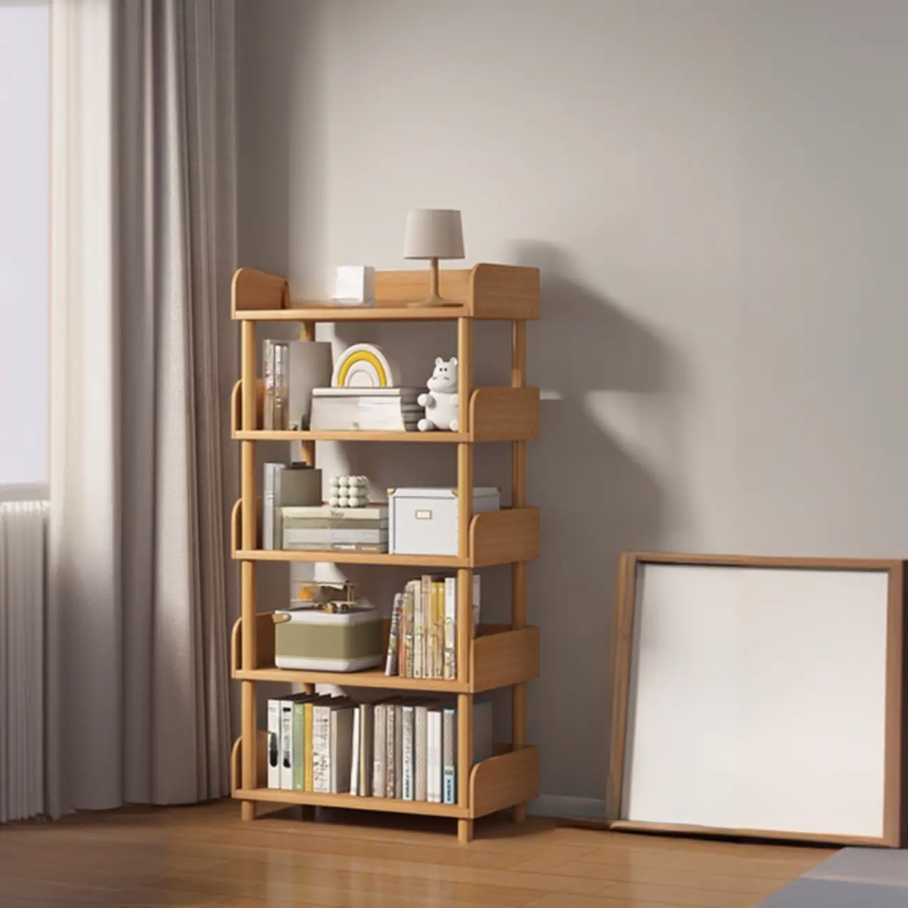 Vertical Natural Multi-Shelf Open Back Wood Bookcase